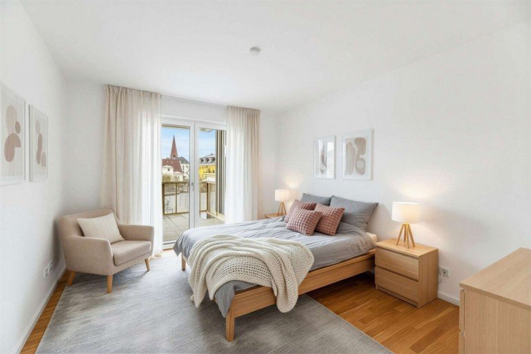 Schlafzimmer beispielhaft /virtuell m�bliert N�rnberg Etagenwohnung HEGERICH: Ihr neues Zuhause in N�rnberg-H�fen - Modern, nachhaltig, bezugsfertig