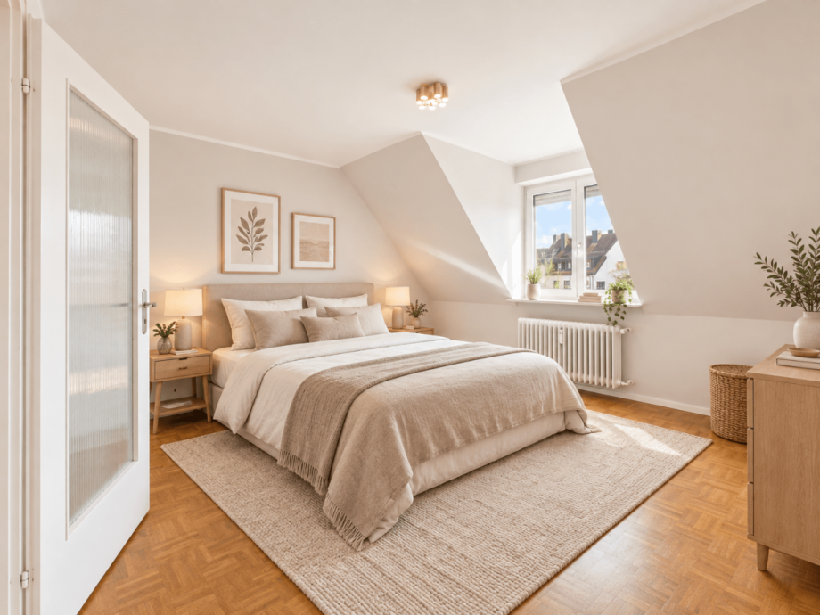 Schlafzimmer - KI visualisiert Dachgeschosswohnung M�nchen