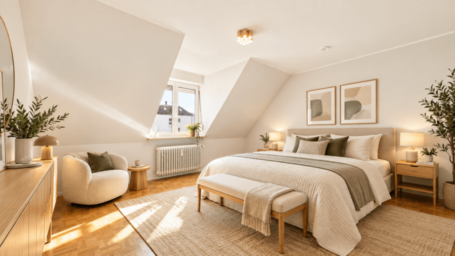 Schlafzimmer - KI visualisiert Dachgeschosswohnung M�nchen