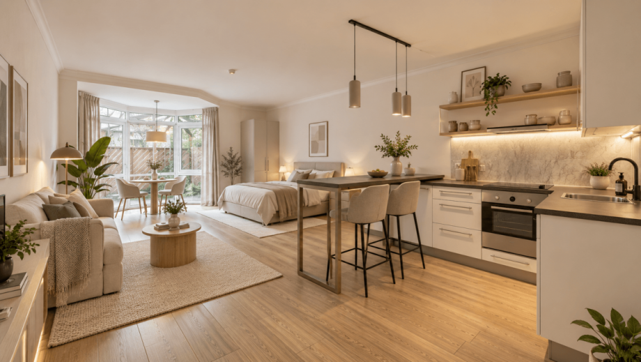 Blick in den Raum - KI visualisiert Erdgeschosswohnung M�nchen