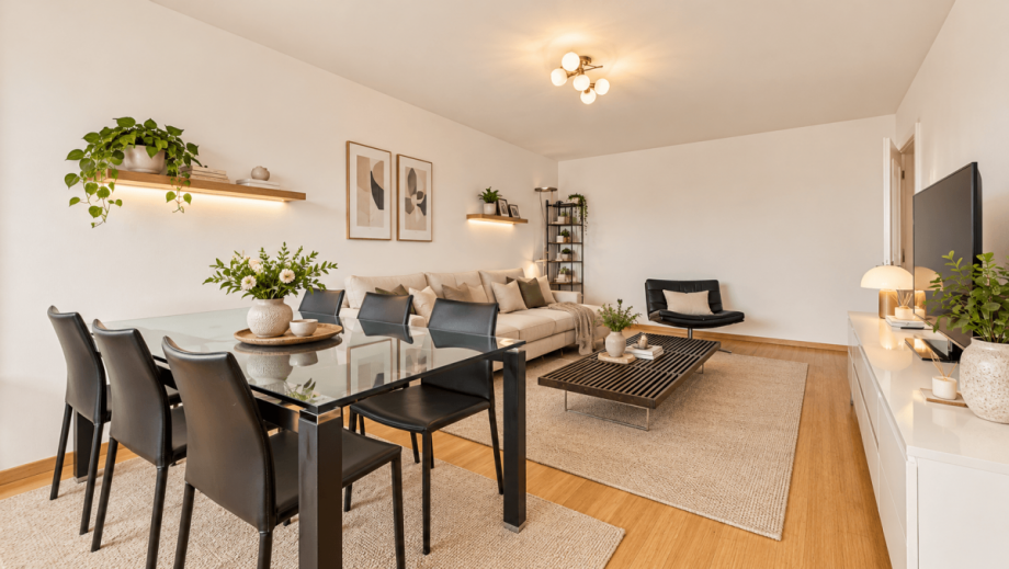 Wohnzimmer - KI visualisiert Etagenwohnung M�nchen