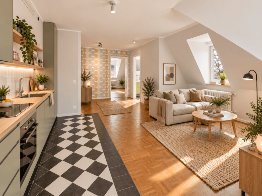 Offene K�che - KI visualisiert Dachgeschosswohnung M�nchen