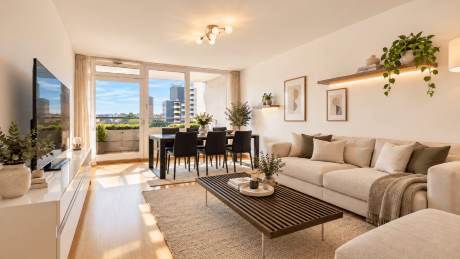 Wohnzimmer - KI visualisiert Etagenwohnung M�nchen