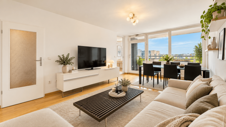 Wohnzimmer - KI visualisiert M�nchen Etagenwohnung HEGERICH: 3-Zimmer-Wohnung im 7. Obergeschoss mit Balkon & 2 Stellpl�tzen in Ramersdorf-Perlach