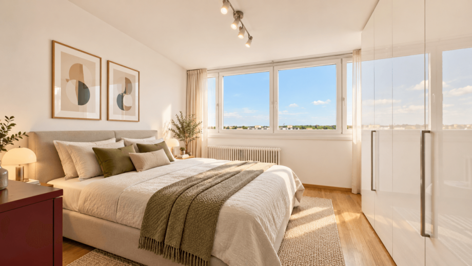 Schlafzimmer - KI visualisiert Etagenwohnung M�nchen