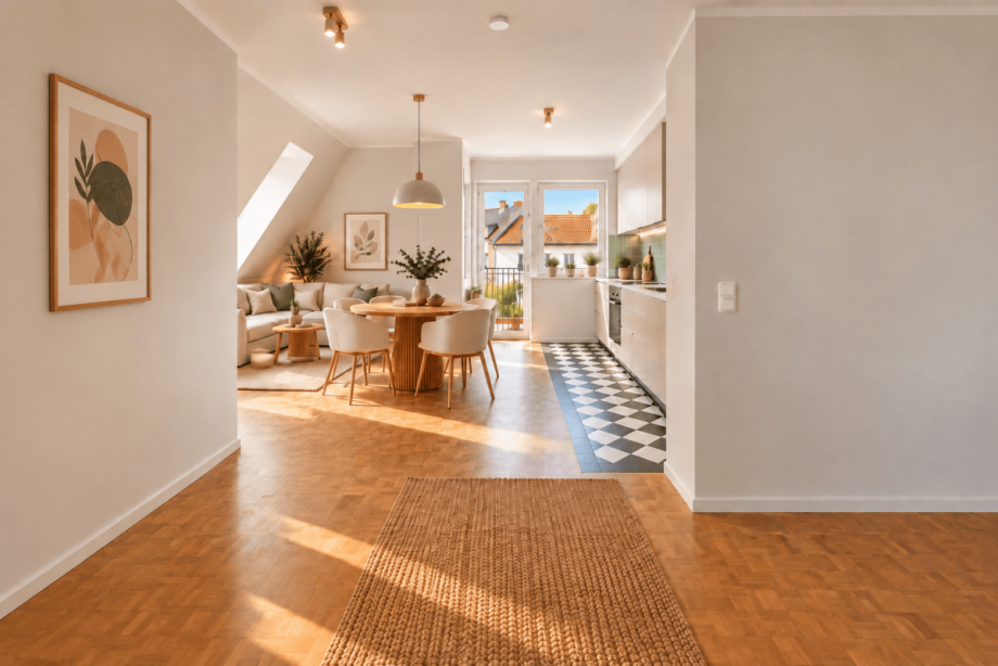 Offene K�che mit Wohnbereich - KI visualisiert Dachgeschosswohnung M�nchen