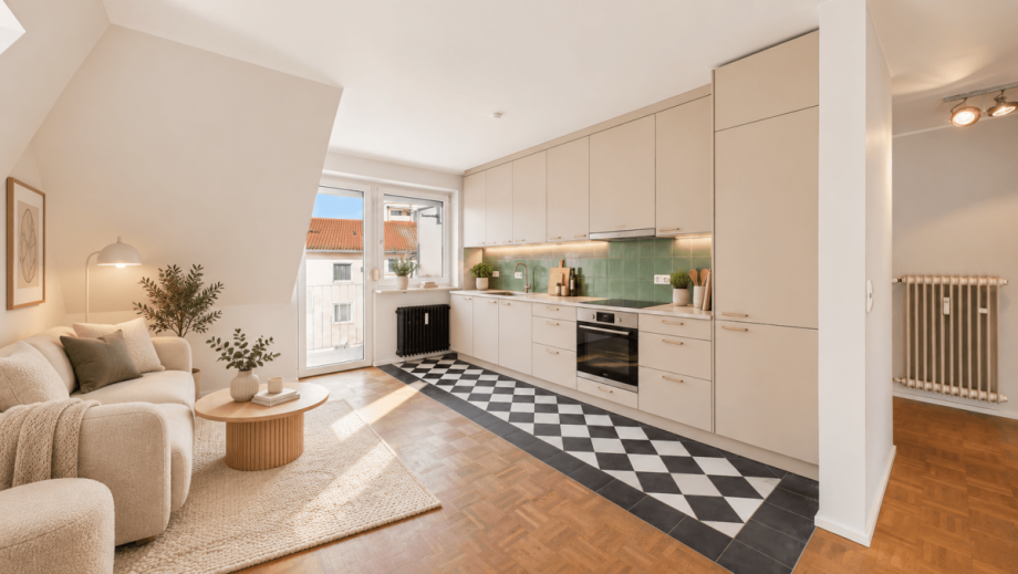 Offene K�che - KI visualisiert Dachgeschosswohnung M�nchen
