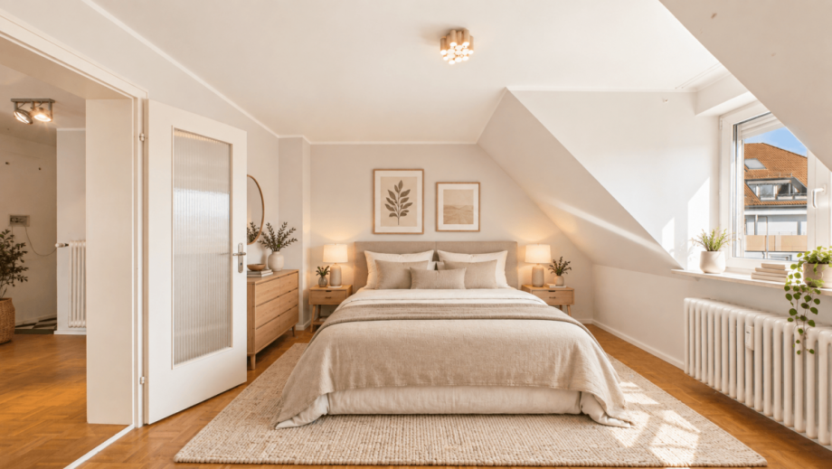 Schlafzimmer - KI visualisiert Dachgeschosswohnung M�nchen