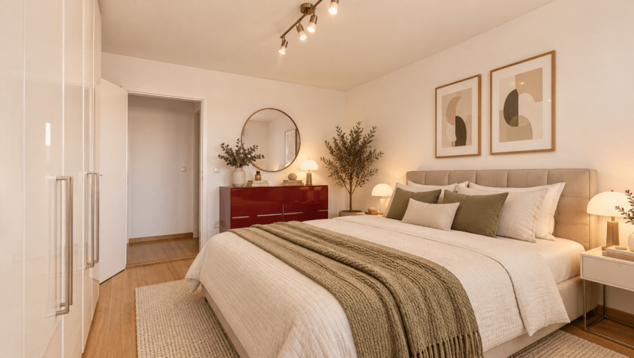 Schlafzimmer - KI visualisiert Etagenwohnung M�nchen