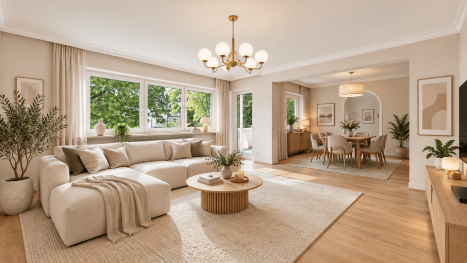 Wohnzimmer (KI Visualisierung) Etagenwohnung Gr�nwald